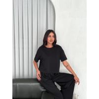 Osy Modal Yumuşak Dokulu Kumaş Bisiklet Yaka T-shirt Bol Paça Pantalon Ikili Takım -Siyah