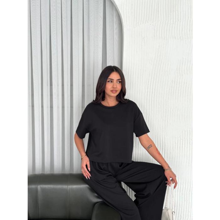 Osy Modal Yumuşak Dokulu Kumaş Bisiklet Yaka T-shirt Bol Paça Pantalon Ikili Takım -Siyah