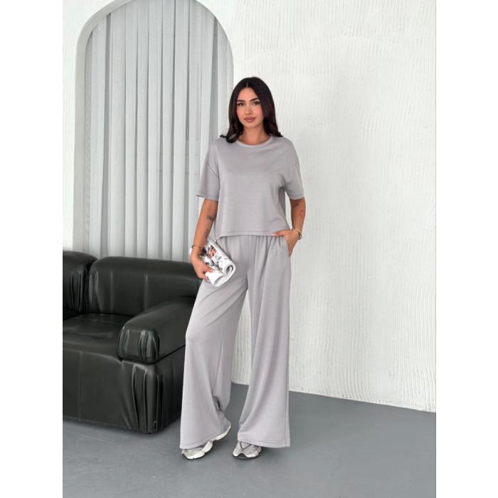 Osy Modal Yumuşak Dokulu Kumaş Bisiklet Yaka T-shirt  Bol Paça Pantalon Ikili Takım - Boyalı Gri