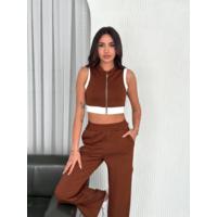 Osy Modal Yumuşak Dokulu Kumaş Tam Fermuarlı Crop Pantalon İkili Takım - Kahverengi