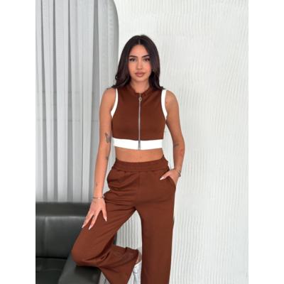 Osy Modal Yumuşak Dokulu Kumaş Tam Fermuarlı Crop Pantalon İkili Takım - Kahverengi