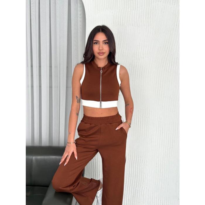 Osy Modal Yumuşak Dokulu Kumaş Tam Fermuarlı Crop Pantalon İkili Takım - Kahverengi