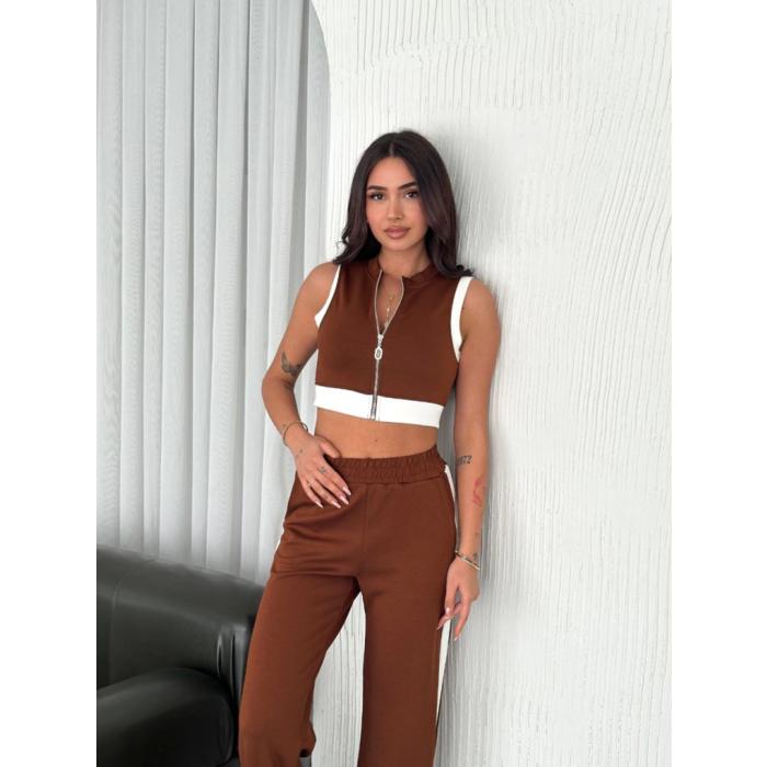 Osy Modal Yumuşak Dokulu Kumaş Tam Fermuarlı Crop Pantalon İkili Takım - Kahverengi