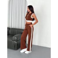 Osy Modal Yumuşak Dokulu Kumaş Tam Fermuarlı Crop Pantalon İkili Takım - Kahverengi