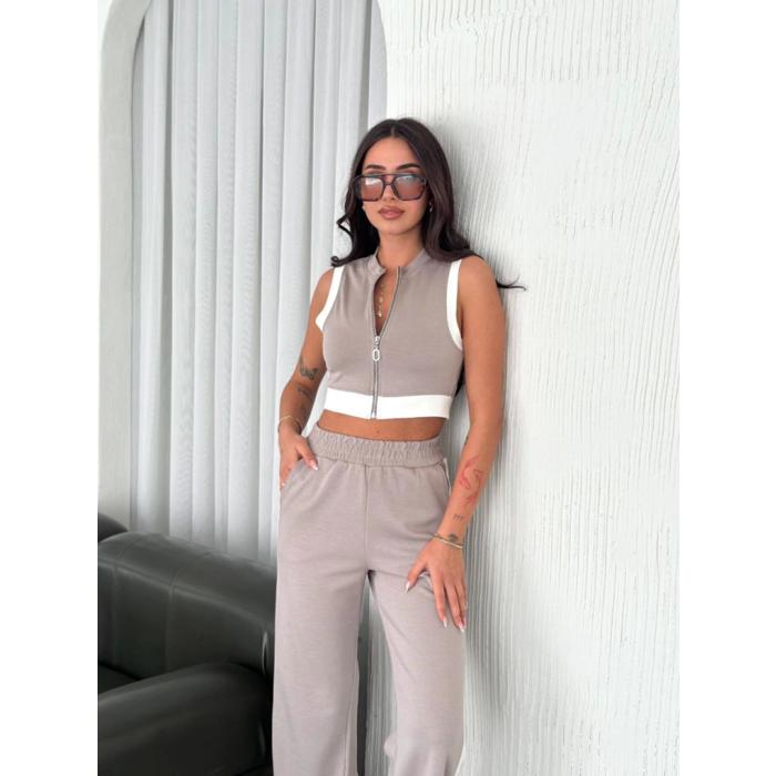 Osy Modal Yumuşak Dokulu Kumaş Tam Fermuarlı Crop Pantalon İkili Takım - Gri
