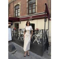 Osy Modal Yumuşak Dokulu Kumaş Bisiklet Yaka Kısa Kollu Kuşaklı Uzun Elbise - Beyaz
