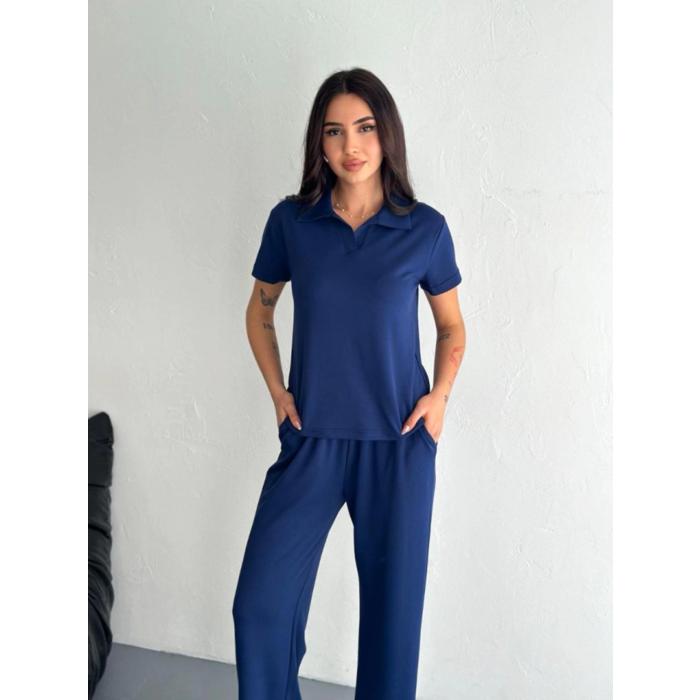 Osy Modal Yumuşak Dokulu Kumaş Kısa Kollu Yakalı T-shirt Pantalon Ikili Takım- Lacivert
