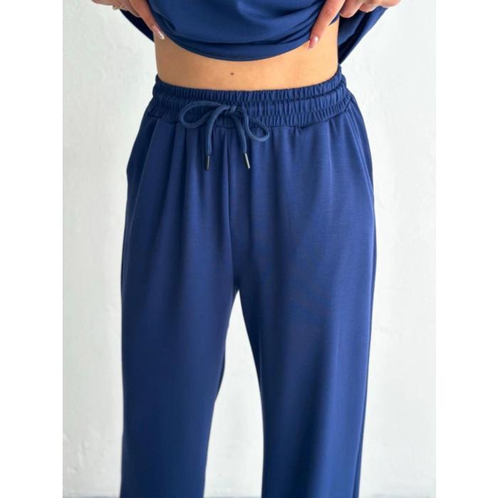 Osy Modal Yumuşak Dokulu Kumaş Kısa Kollu Yakalı T-shirt Pantalon Ikili Takım- Lacivert