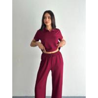Osy Modal Yumuşak Dokulu Kumaş Kısa Kollu Yakalı T-shirt Pantalon Ikili Takım- Bordo