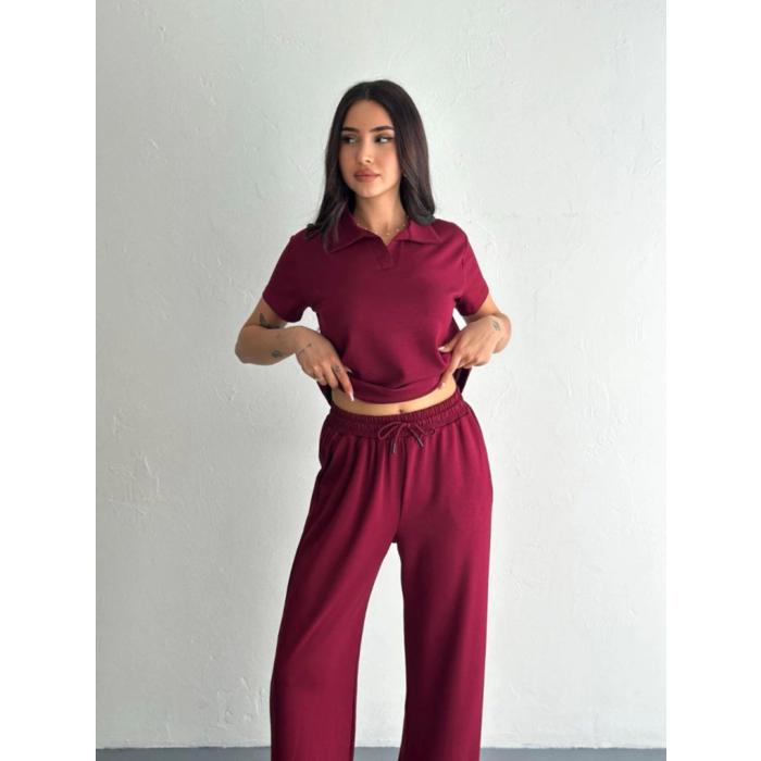 Osy Modal Yumuşak Dokulu Kumaş Kısa Kollu Yakalı T-shirt Pantalon Ikili Takım- Bordo