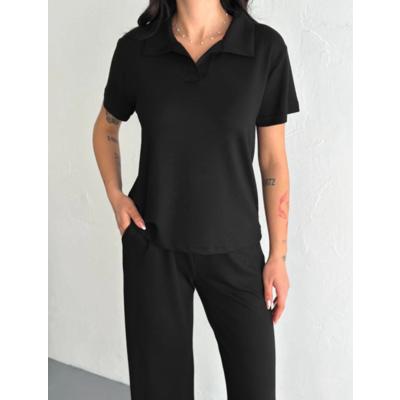 Osy Modal Yumuşak Dokulu Kumaş Kısa Kollu Yakalı T-shirt Pantalon Ikili Takım- Siyah