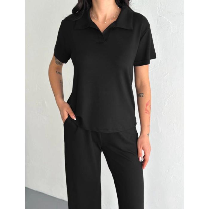Osy Modal Yumuşak Dokulu Kumaş Kısa Kollu Yakalı T-shirt Pantalon Ikili Takım- Siyah