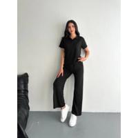 Osy Modal Yumuşak Dokulu Kumaş Kısa Kollu Yakalı T-shirt Pantalon Ikili Takım- Siyah