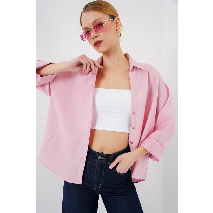 Oversize Kısa Kol Gömlek 20315 - Pembe
