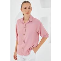 Pembe Kısa Kol Oversize Keten Gömlek 20240