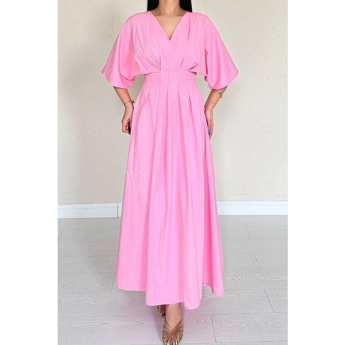 Pembe Pileli Uzun Elbise