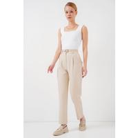 Pileli Kemerli Kumaş Pantolon 6725 - Krem
