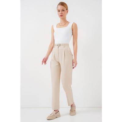 Pileli Kemerli Kumaş Pantolon 6725 - Krem