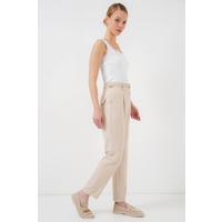 Pileli Kemerli Kumaş Pantolon 6725 - Krem