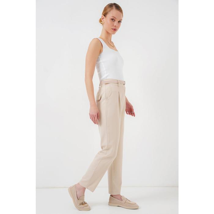 Pileli Kemerli Kumaş Pantolon 6725 - Krem