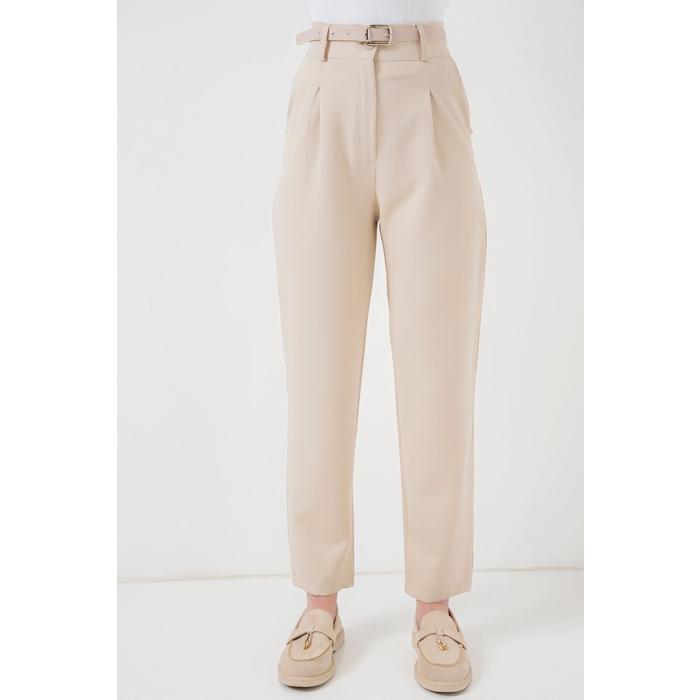 Pileli Kemerli Kumaş Pantolon 6725 - Krem