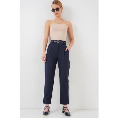 Pileli Kemerli Kumaş Pantolon 6725 - Lacivert