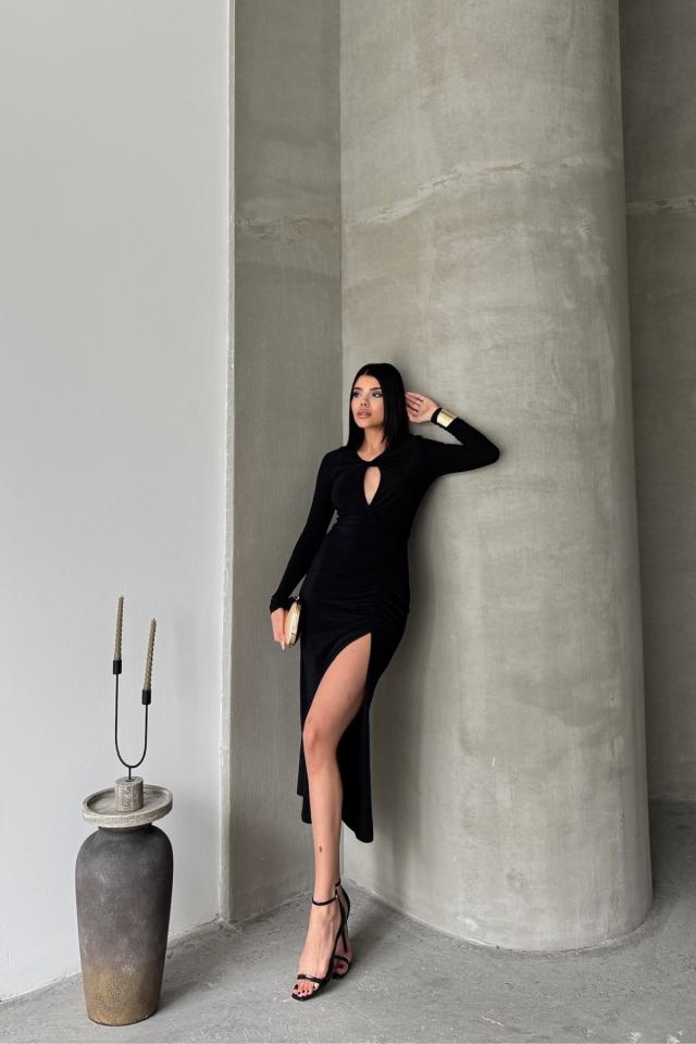 SANDY ELBİSE BÜZGÜ DETAYLI - Siyah