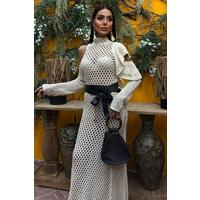 Saten Kuşaklı Ajurlu Triko Elbise 2847