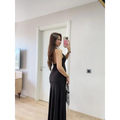 Sırt Dekolteli Uzun Kollu Elbise - Siyah