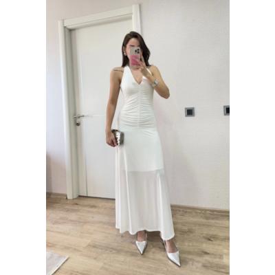 Sırt Dekolteli Uzun Kollu Elbise - Beyaz