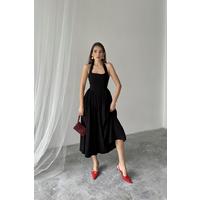 Siyah Boyundan Bağlamalı Keten Elbise