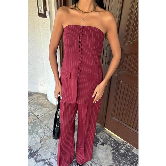 Straplez Büstiyer Ve Palazzo Pantolon Çizgili Takım 10005