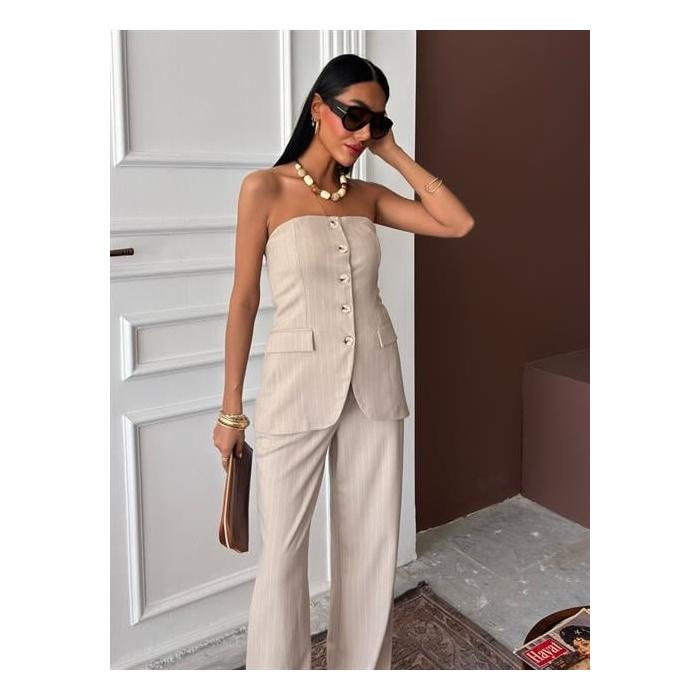 Straplez Büstiyerli Plazzo Pantolonlu Çizgili Takım 10151