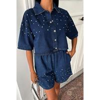 Taş Detaylı Gömlek Şort Denim Takım 10175