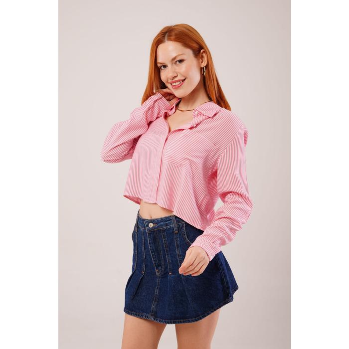 Tek Cep Çizgili Pembe Kısa Gömlek