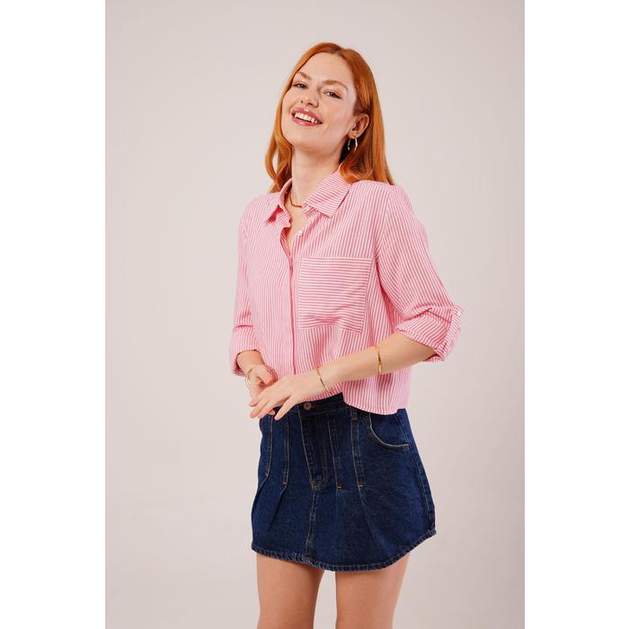 Tek Cep Çizgili Pembe Kısa Gömlek
