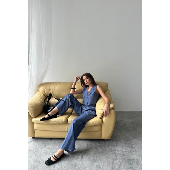 TENCEL CROP KOLSUZ GÖMLEK - PANTOLON TAKIM - İndigo