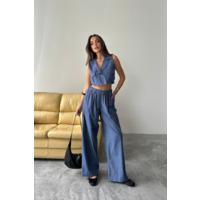 TENCEL CROP KOLSUZ GÖMLEK - PANTOLON TAKIM - İndigo