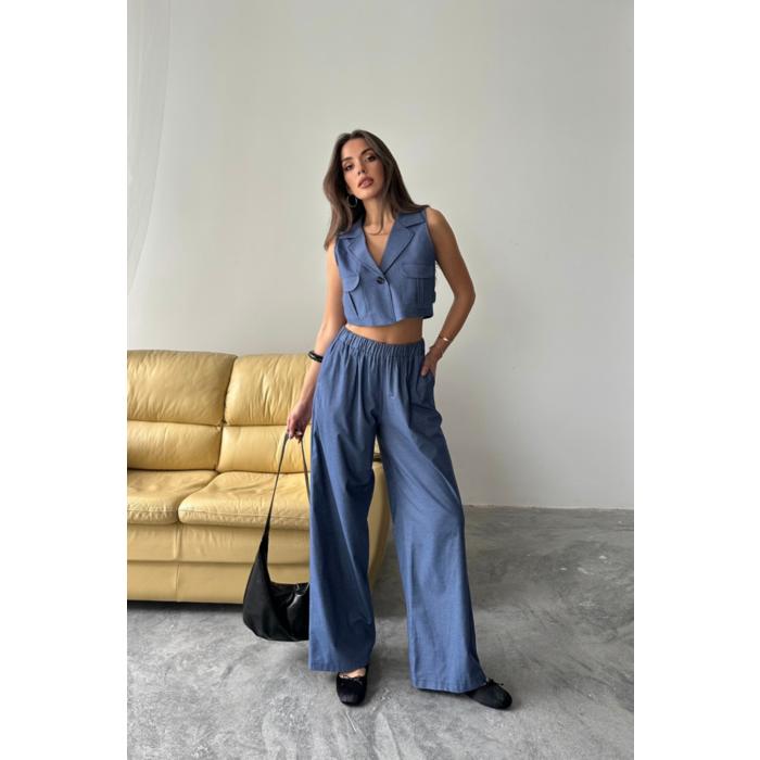 TENCEL CROP KOLSUZ GÖMLEK - PANTOLON TAKIM - İndigo
