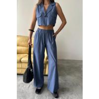 TENCEL CROP KOLSUZ GÖMLEK - PANTOLON TAKIM - İndigo