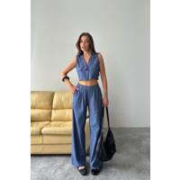 TENCEL CROP KOLSUZ GÖMLEK - PANTOLON TAKIM - İndigo