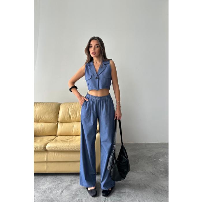 TENCEL CROP KOLSUZ GÖMLEK - PANTOLON TAKIM - İndigo