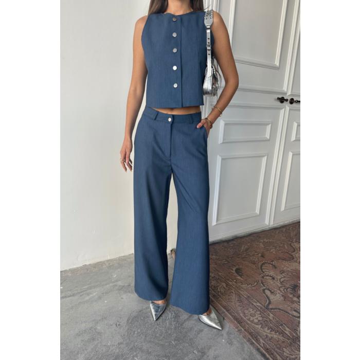 TENCEL KOLSUZ GÖMLEK - PANTOLON TAKIM - İndigo