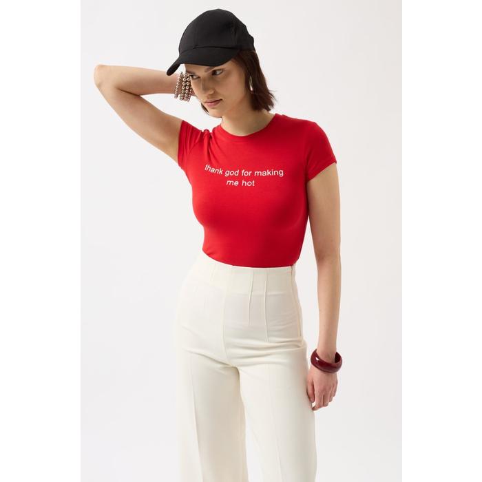 Thanks God Baskılı Likralı Crop T-Shirt