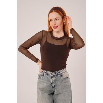Transparan Kahverengi Tül Basic Bluz