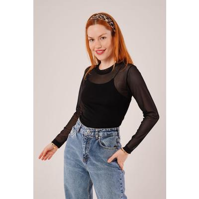 Transparan Siyah Tül Basic Bluz