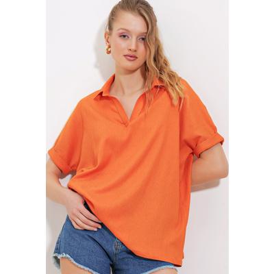 Turuncu Oversize Polo Yaka Örme Bluz 0486