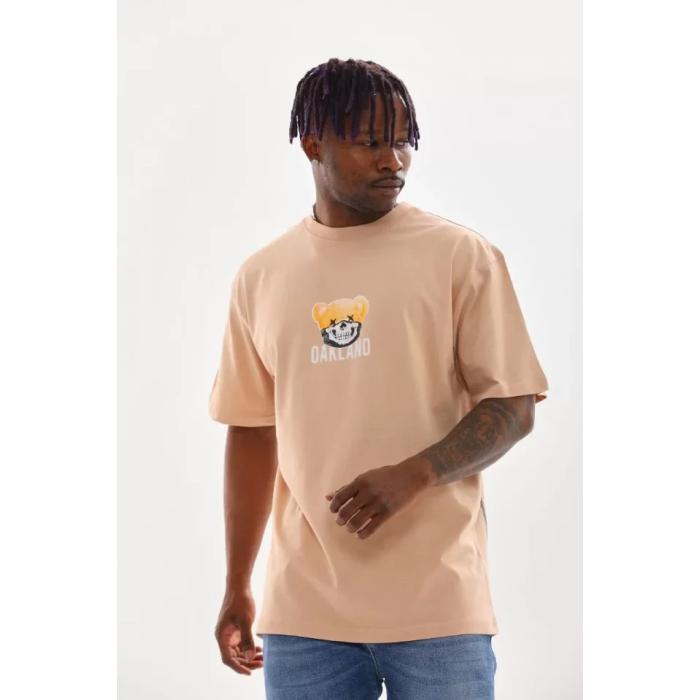Unisex Baskılı Oversize T-Shirt - Bej