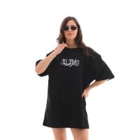 Unisex Bisiklet Yaka Baskılı Oversize T-Shirt - Siyah