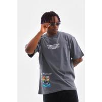 Unisex Bisiklet Yaka Baskılı Oversize T-Shirt - Gri